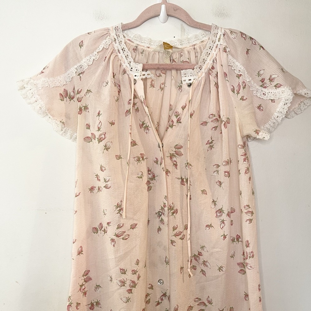 Vintage Komar for Leisurely Living Pink Floral House Dress Snap Button Front 70s - Picture 3 of 7